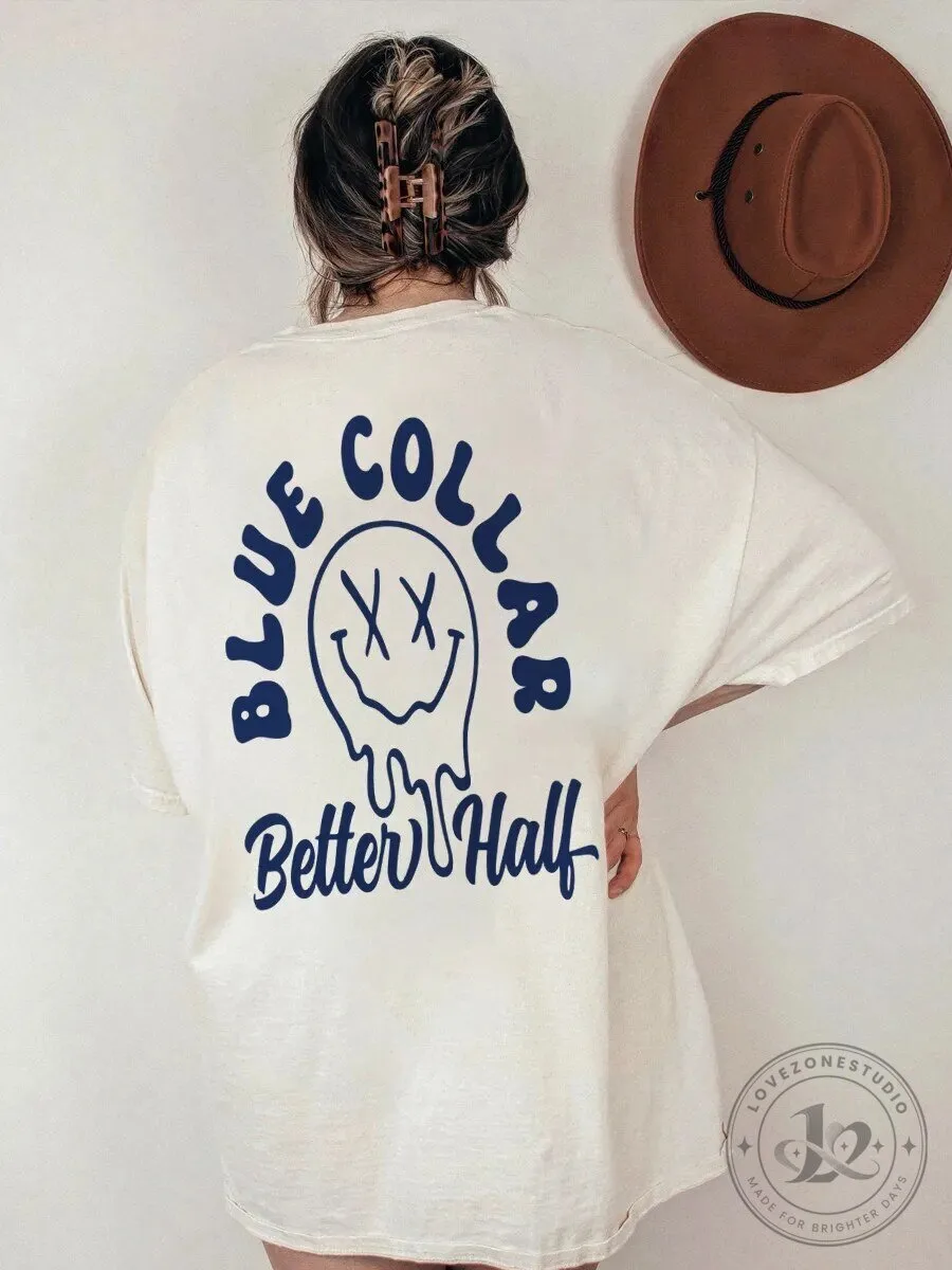 Blue Collar Better Half Distressed Smiley Face Graphic T-Shirt