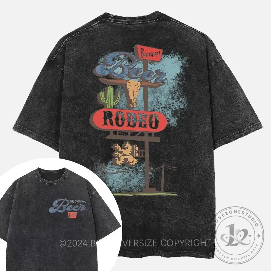 Vintage Rodeo Banquet Beer Graphic Washed Cotton Oversized T-Shirt