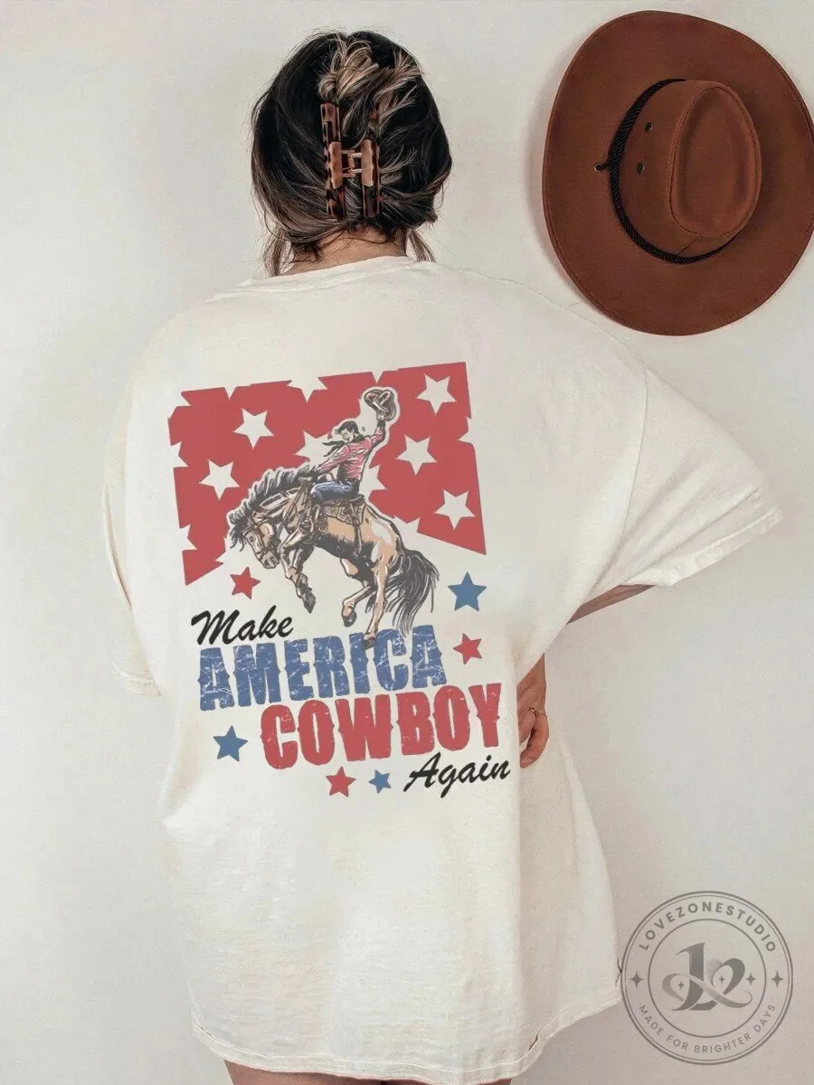 Make America Cowboy Again Patriotic Rodeo Horse Rider Graphic T-Shirt